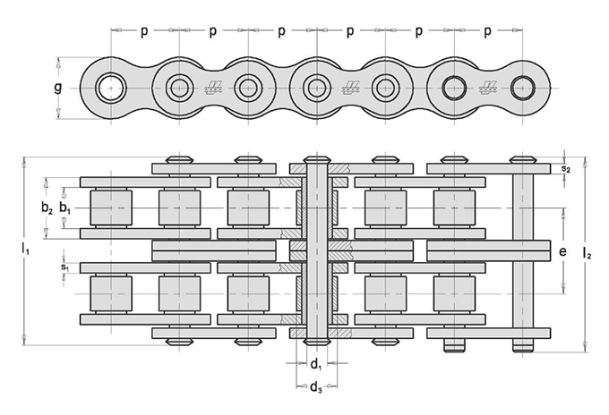 Łańcuchy rolkowe - norma amerykańska 2-rzędowe - rysunek techniczny