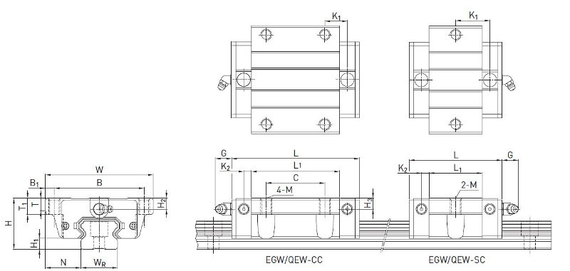 Wózek liniowy HIWIN QEW30CC-Z0 - rysunek techniczny