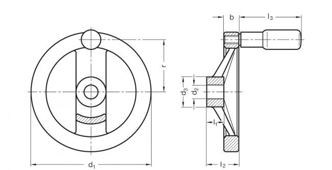 Koło ręczne wieloramienne GN 324-125-K12-R - koło ręczne z rękojeścią obrotową - rysunek techniczny