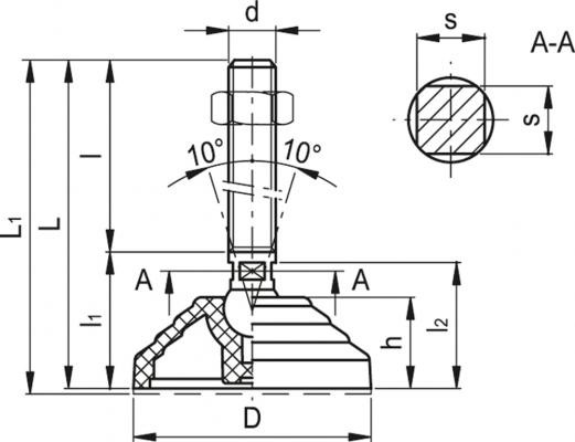 Stopa wahliwa LVQ.A-70-14-SST-M24x110 - podstawa z technopolimeru, trzpień gwintowany, ze stali nierdzewnej - rysunek techniczny