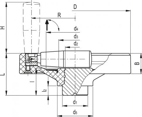 Koło ręczne pełne VDN.125 FP+IR - z rękojeścią obrotową, składaną, piasta pełna - rysunek techniczny