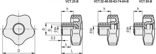 Pokrętło VCT.40 B-M6-C9 - wtopka mosiężna, otwór gwintowany, z zaślepką czarny - rysunek techniczny