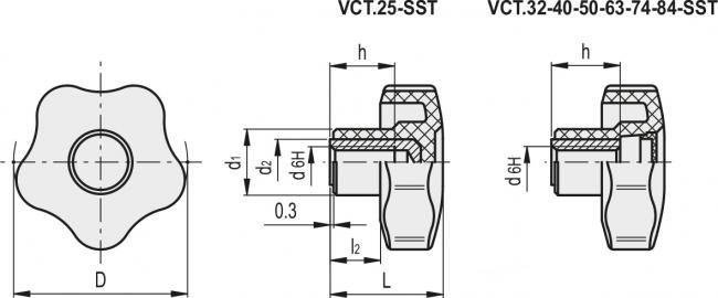 Pokrętła VCT-SST - Wtopka ze stali nierdzewnej, otwór gwintowany, z zaślepką