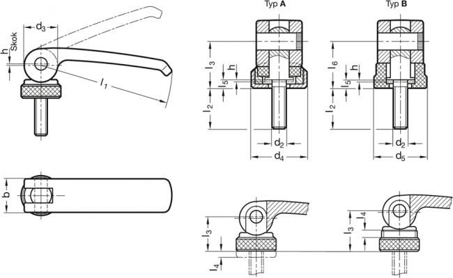 Dźwignia GN 927.3-101-M10-20-A - z trzpieniem gwintowanym - rysunek techniczny