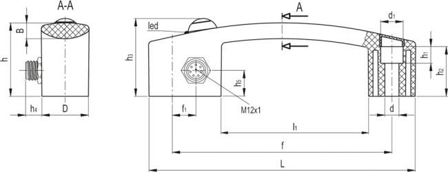 Uchwyt z monostabilnym przełącznikiem elektrycznym EBR.150-SWM-L-C - wtyk, połączenie z lewego boku - rysunek techniczny