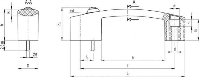 Uchwyt z monostabilnym przełącznikiem elektrycznym EBR.150-SWM-B-F2,5 - przewód, długość 2,5 m wyprowadzony od tyłu - rysunek techniczny