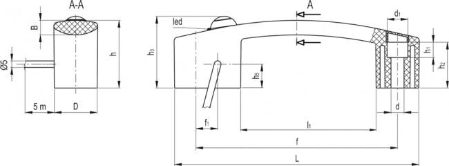 Uchwyt z monostabilnym przełącznikiem elektrycznym EBR.150-SWM-L-F5 - przewód, długość 5 m, wyprowadzony z lewego boku - rysunek techniczny