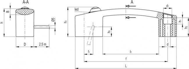 Uchwyt z monostabilnym przełącznikiem elektrycznym EBR-SWM-R-F2.5 - Przewód, długość 2,5 m, wyprowadzony z prawego boku