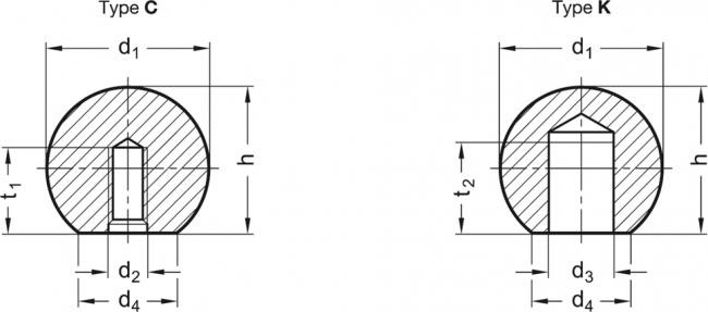 Gałka kulista DIN 319-ST-16-B6-K - stal - rysunek techniczny
