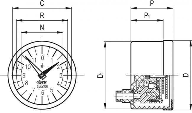 Analogowy wskaźnik obrotów PA12-0010-S - z napędem przymusowym, obudowa z technopolimeru - rysunek techniczny