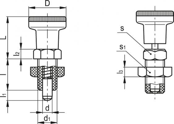 Trzpienie ustalające PMT.100-SST-AK - Trzpień ze stali nierdzewnej AISI 303, z przeciwnakrętką