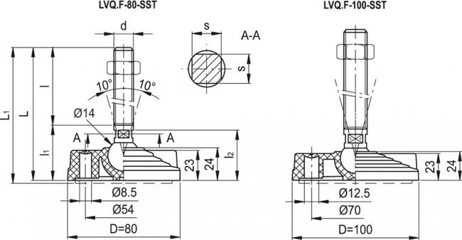 Stopa wahliwa z otworami do kotwienia LVQ.F-100-14-SST-M20x210 - podstawa z technopolimeru, trzpień gwintowany, ze stali nierdze - rysunek techniczny