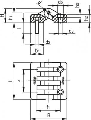 Zawias CFA.65 p-M6x18-CH-6 - gwintowane trzpienie i otwory przelotowe pod śruby z łbem cylindrycznym - rysunek techniczny