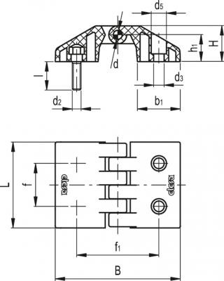 Zawias CFE.66 p-M6x16-CH-6 - gwintowane trzpienie i otwory przelotowe pod śruby z łbem cylindrycznym - rysunek techniczny