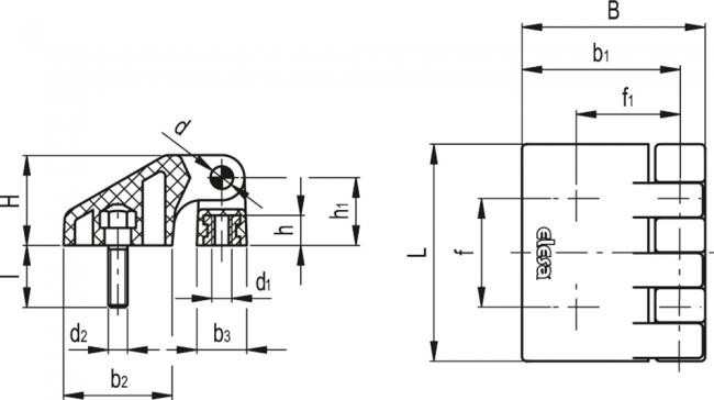 Zawias CFD.48 p-M5x17-B-M5 - otwory przelotowe, śruby z łbem stożkowym - rysunek techniczny