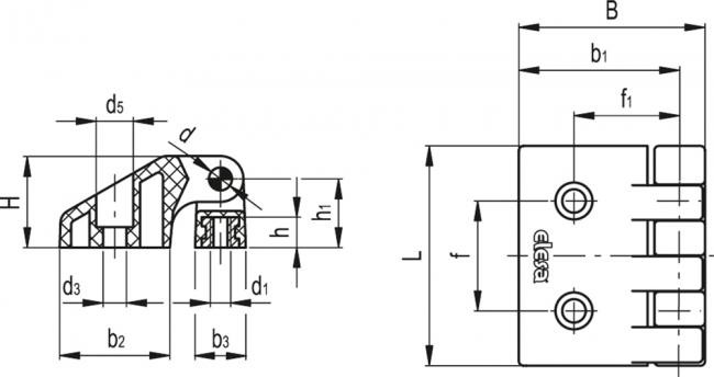 Zawias CFD.48 CH-5-B-M5 - otwory przelotowe, śruby z łbem cylindrycznym - rysunek techniczny