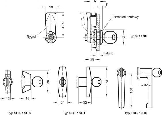 Zamek GN 115-SCK-6 - odlew z cynku, wkładka pod klucz patentowy - rysunek techniczny