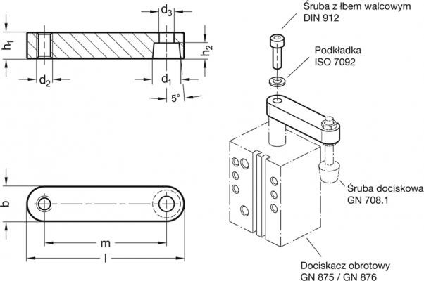 Ramiona dociskowe GN 875.3 - Z otworem gwintowanym, do dociskaczy obrotowych GN 875/GN 876