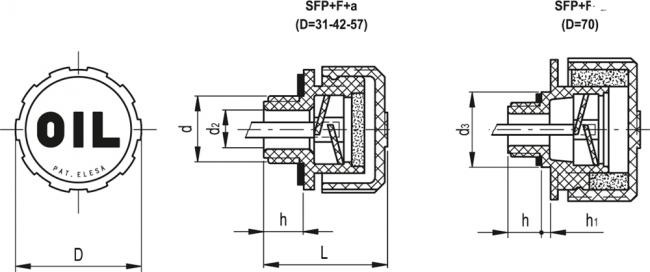 Korek odpowietrzający SFP.70-3/4+F+a - z filtrem powietrza, oznaczony oil olej - rysunek techniczny