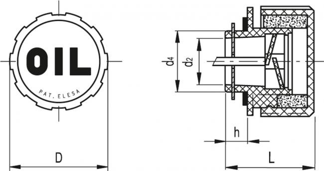 Korek odpowietrzający SFP.70-BA+F+a - z filtrem powietrza, połączenie bagnetowe, z oznaczeniem oil olej - rysunek techniczny