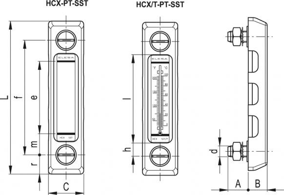 Wskaźnik poziomu cieczy HCX.127-PT-SST-M12 - Śruby ze stali nierdzewnej, Nakrętka i podkładki ze stali nierdzewnej aisi 304 - rysunek techniczny