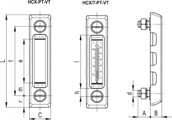 Wskaźnik poziomu cieczy HCX.127-PT-VT-M12 - Śruby z super-technopolimeru, Nakrętka i podkładki ze stali nierdzewnej aisi 304 - rysunek techniczny