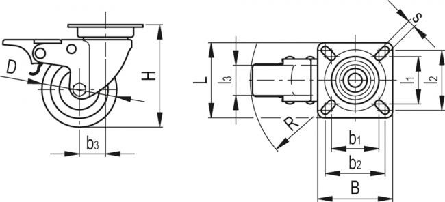 Kółko obrotowe fi 50mm gumowe z hamulcem z płytą montażową, nośność 35 kg RE.C7-050-SBF - rysunek techniczny