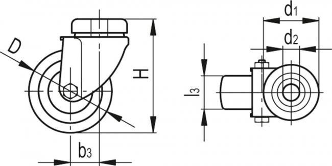 Koła do zastosowań ogólnych, obudowa z blachy stalowej RE.C7-FBL - Obudowa skrętną z przelotowym otworem montażowym, bez blokady