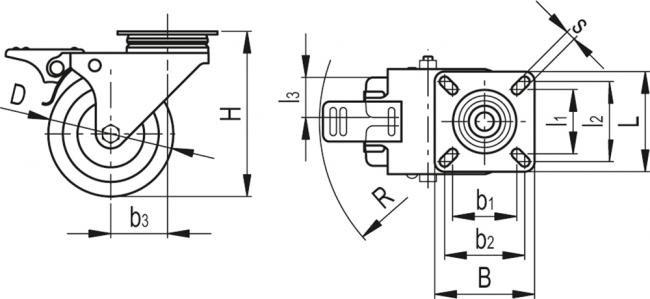 Zestawy dwukołowe do zastosowań ogólnych ze stalową obudową RE.C6-SBF-G - Obudowa skrętna z płytą montażową, z blokadą