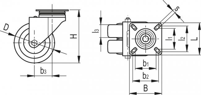 Kółko obrotowe fi 50mm gumowe z płytą montażową, nośność 60 kg RE.C7-050-SBL-G - rysunek techniczny