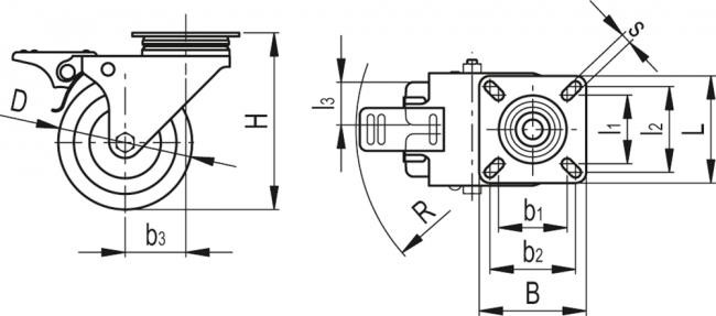 Kółko obrotowe fi 75mm gumowe z hamulcem z płytą montażową, nośność 80 kg RE.C7-075-SBF-G - rysunek techniczny