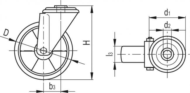 Zestawy kołowe ze stalową obudową RE.F5-FSL-N - Obudowa skrętną z przelotowym otworem montażowym, bez blokady