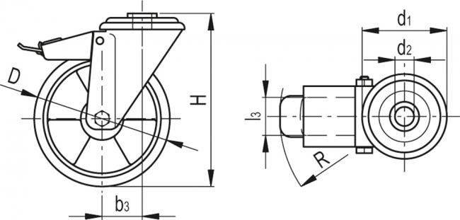 Kółko obrotowe fi 100mm poliuretanowe z hamulcem z otworem montażowym, nośność 200 kg RE.F5-100-FSF-N - rysunek techniczny
