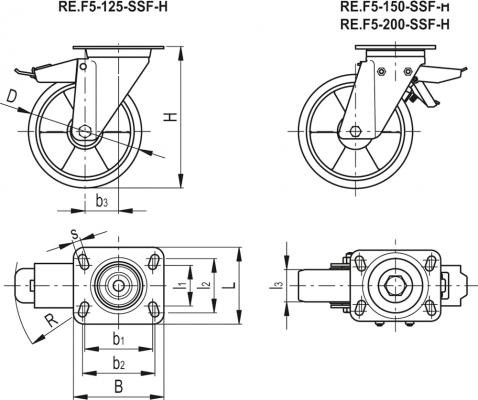 Zestawy kołowe do średnich i dużych obciążeń RE.F5-SSF-H - Obudowa skrętna z płytą montażową, z blokadą