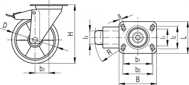 Zestawy kołowe ze stalową obudową RE.F5-SSF-N-ESD - Obudowa skrętna z płytą montażową, z blokadą