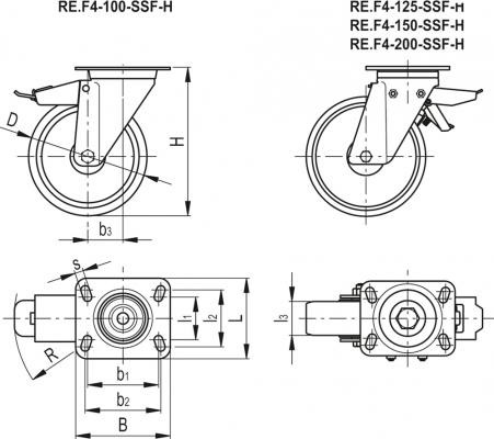 Zestawy kołowe do średnich i dużych obciążeń RE.F4-SSF-H - Obudowa skrętna z płytą montażową, z blokadą