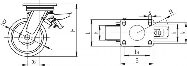 Kółko obrotowe fi 150mm poliuretanowe z hamulcem z płytą montażową, nośność 700 kg RE.F4-150-SSF-WH - rysunek techniczny