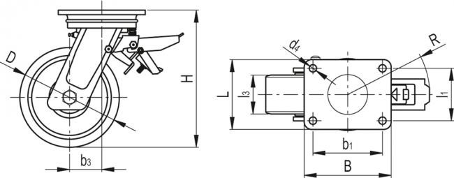Zestawy kołowe z obudową do bardzo dużych obciążeń RE.F4-SSF-WEH - Obudowa skrętna z płytą montażową, z blokadą