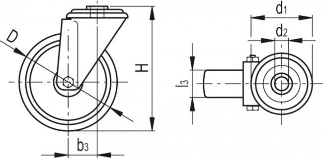 Kółko obrotowe fi 150mm gumowe z otworem montażowym, nośność 180 kg RE.G1-150-FBL-N - rysunek techniczny