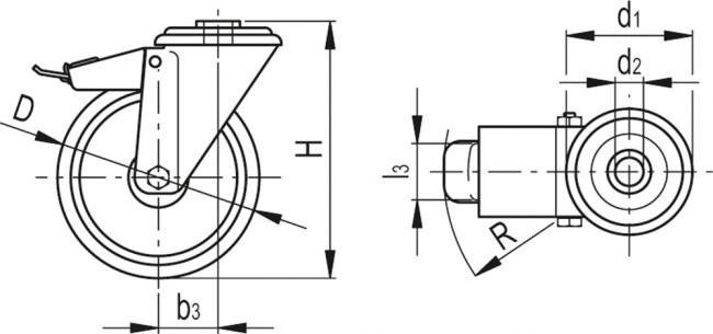 Kółko obrotowe fi 100mm gumowe z hamulcem z otworem montażowym, nośność 100 kg RE.G1-100-FBF-N - rysunek techniczny