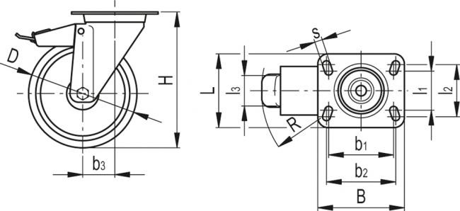 Kółko obrotowe fi 100mm gumowe z hamulcem z płytą montażową, nośność 100 kg RE.G1-100-SBF-N-SST - rysunek techniczny