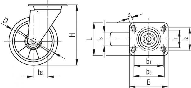 Zestawy kołowe do średnich i dużych obciążeń RE.F2-SSL-H - Obudowa skrętna z płytą montażową, bez blokady