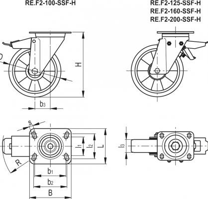 Zestawy kołowe do średnich i dużych obciążeń RE.F2-SSF-H - Obudowa skrętna z płytą montażową, z blokadą
