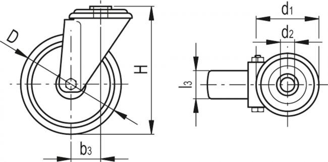 Zestawy kołowe RE.FF-FBL-N - Obudowa skrętna z przelotowym otworem montażowym, stalowa, bez blokady