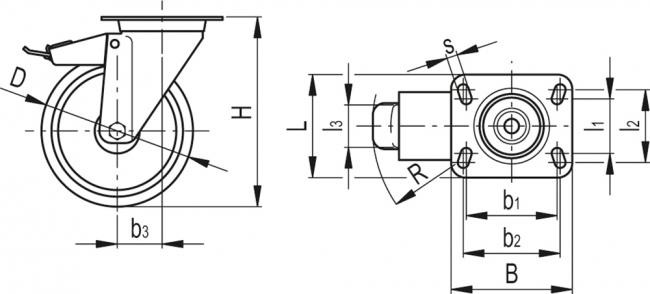 Kółko obrotowe fi 100mm poliuretanowe z hamulcem z płytą montażową, nośność 170 kg RE.FF-100-SBF-N-SST - rysunek techniczny