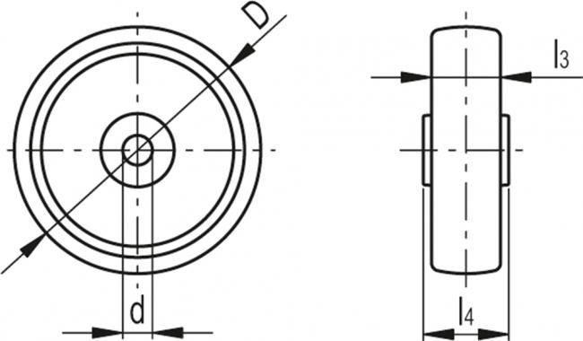 Koła z technopolimeru RE.F8 - Otwór przelotowy bezpośrednio w tarczy koła