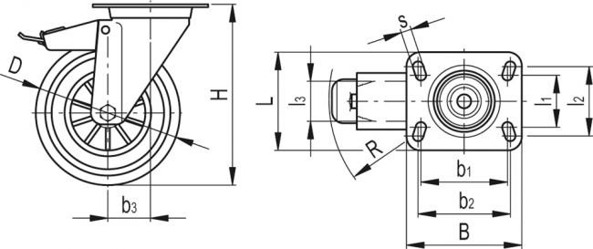 Zestawy kołowe ze stalową obudową RE.E2-SBF-N - Obudowa skrętna z płytą montażową, z blokadą