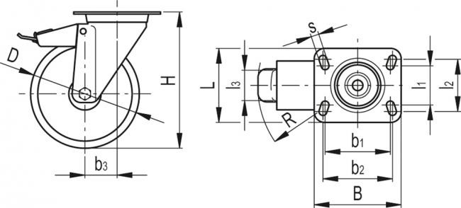 Zestawy kołowe RE.F8-SBF-N - Obudowa skrętna z płytą montażową, stalowa, z blokadą