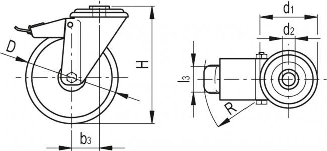 Zestawy kołowe RE.F8-FBF-N - Obudowa skrętna z przelotowym otworem montażowym, stalowa, z blokadą