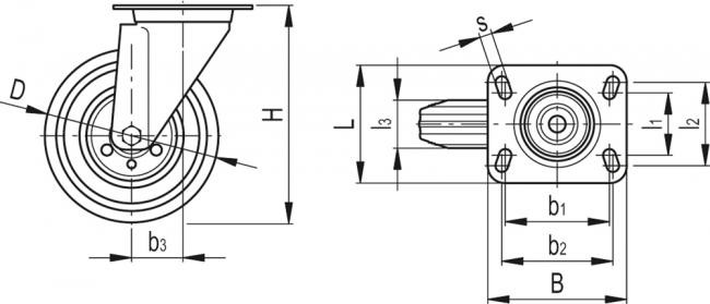 Zestawy kołowe ze stalową obudową RE.E3-SBL-N - Obudowa skrętna z płytą montażową, bez blokady